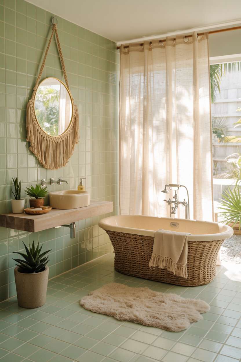 21 Inspiring Green Bathroom Ideas to Refresh Your Space 20 Boho bathroom with rattan-based bathtub