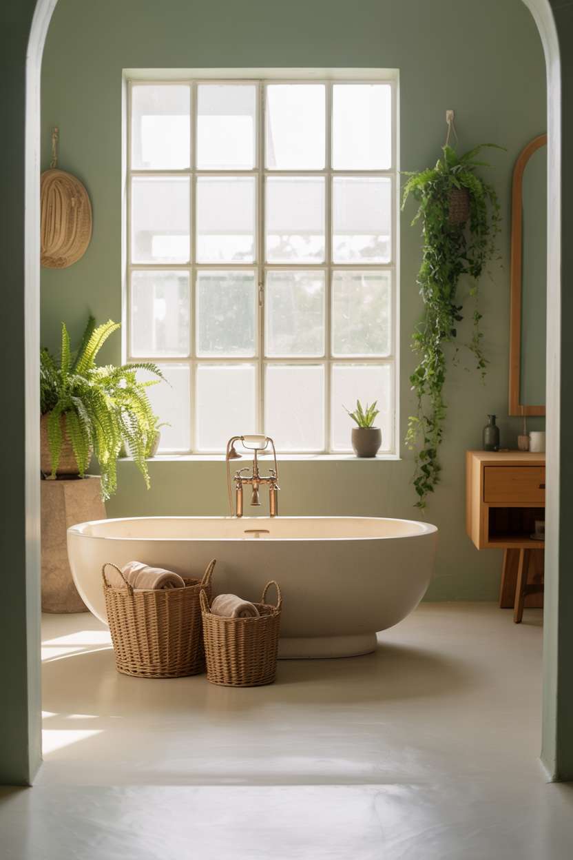 21 Inspiring Green Bathroom Ideas to Refresh Your Space 21 Boho bathroom with oval bathtub and sage green walls
