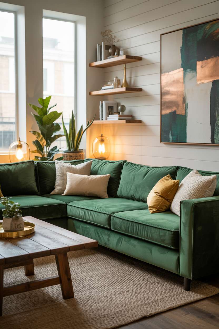 19 Stunning Green Couch Living Room Ideas for Cozy Comfort 1 Emerald green velvet sectional sofa with cream pillows and wooden coffee table in modern living room