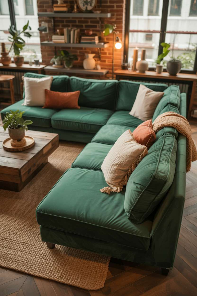Emerald green velvet sectional with terracotta pillows on jute rug in room with exposed brick walls