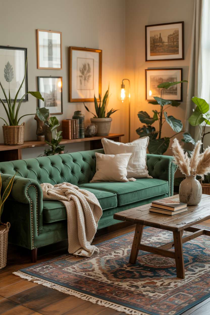 Deep emerald green tufted sofa with brass nailhead trim under botanical gallery wall