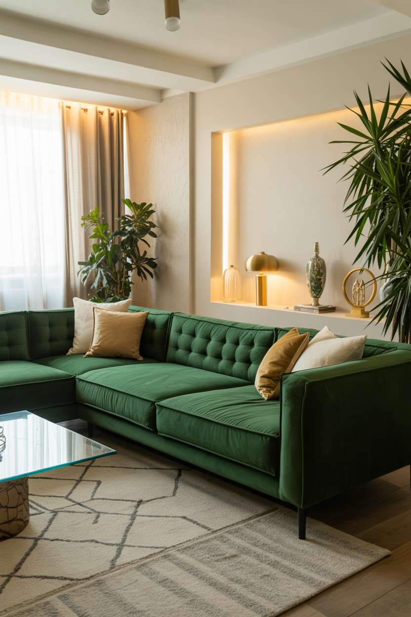 Modern emerald green velvet sectional with glass coffee table on geometric rug