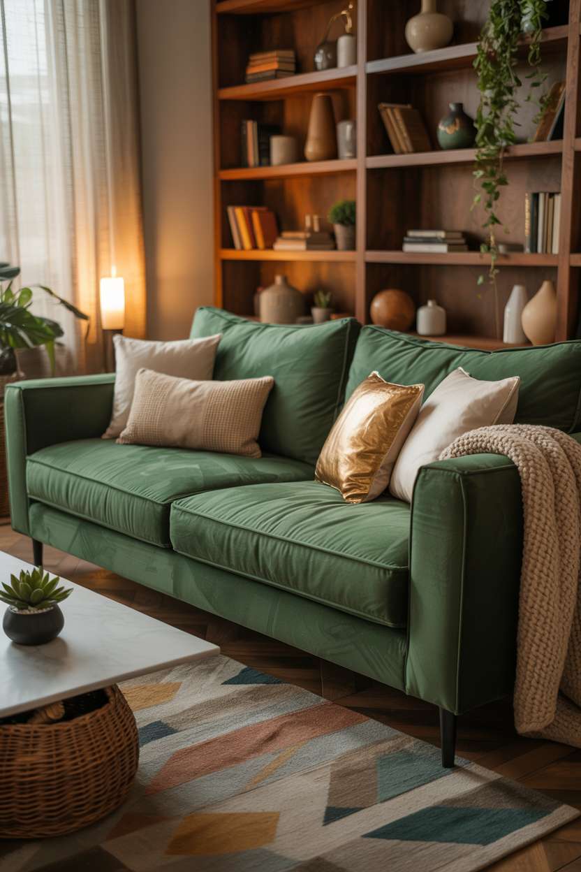 Emerald green velvet sofa with built-in wooden shelving and marble coffee table