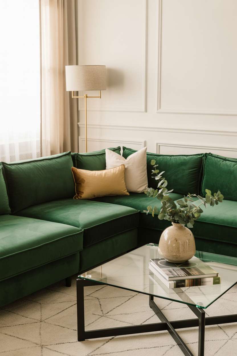 Emerald green velvet sectional against textured panel wall with glass coffee table
