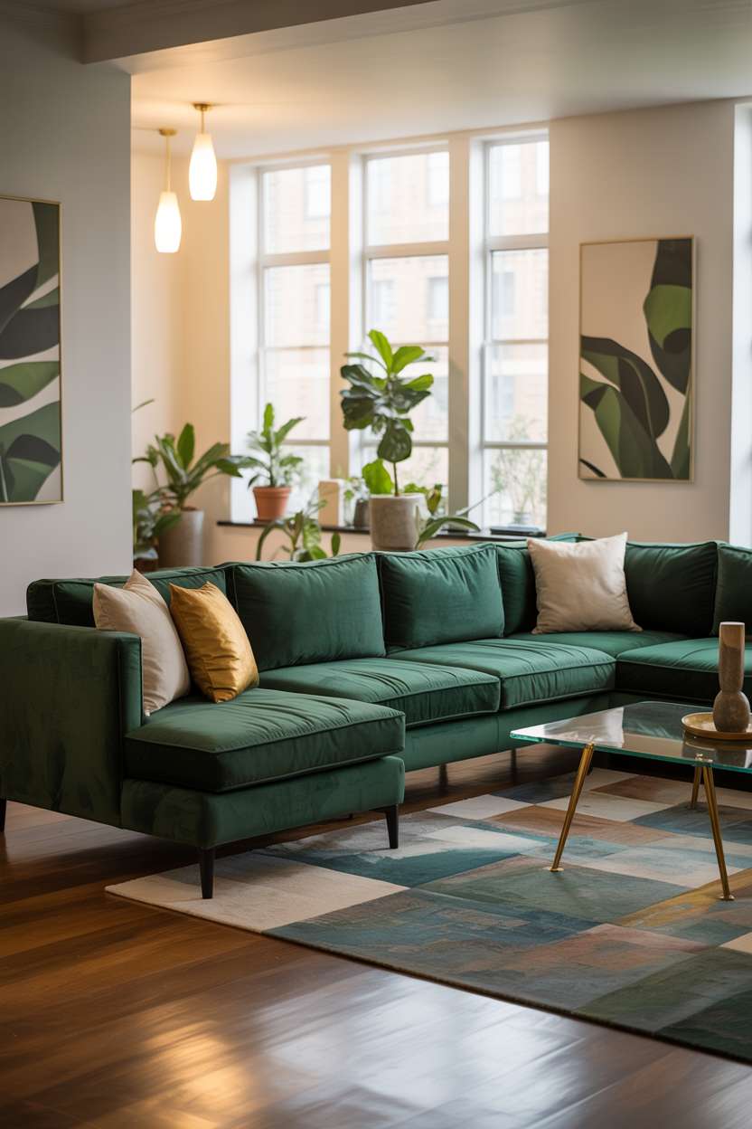 Emerald green velvet sectional in front of floor-to-ceiling windows with botanical artwork