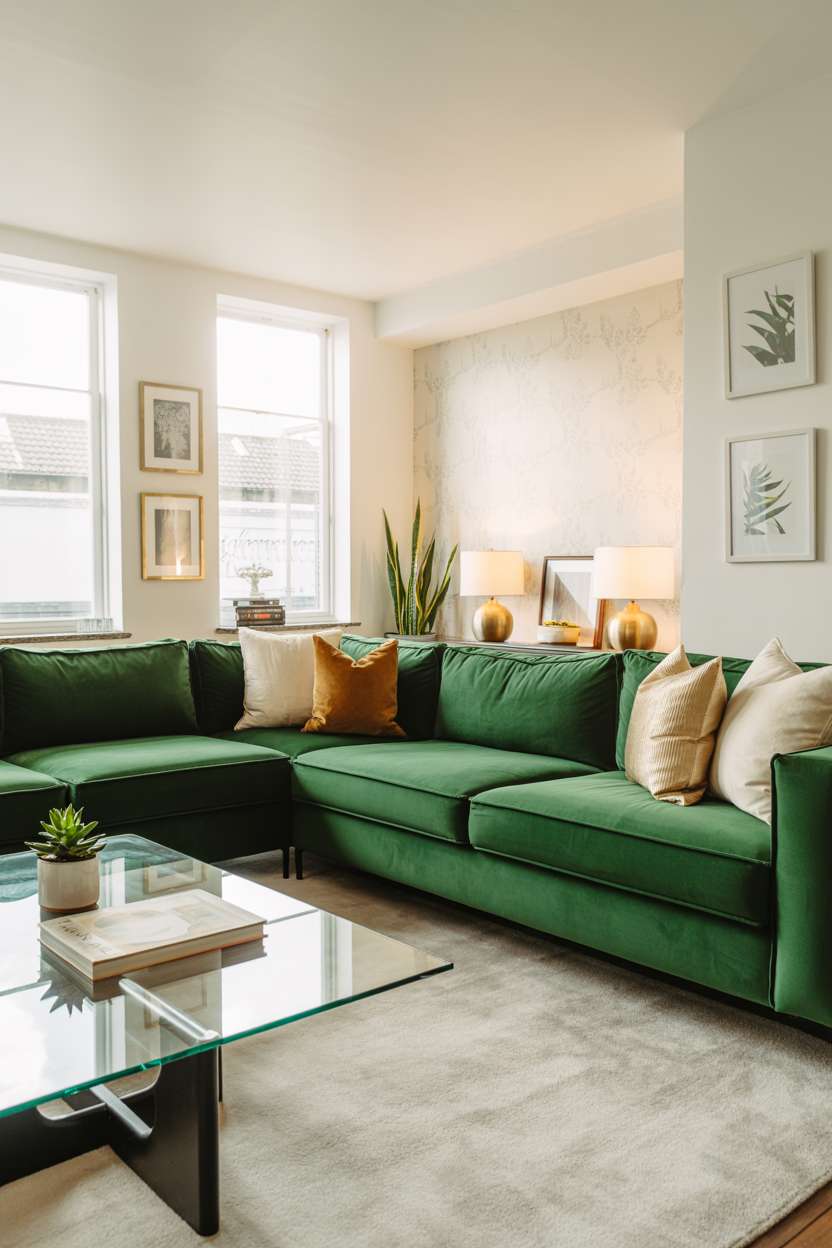 Emerald green velvet sectional with cream pillows and small succulent on glass coffee table