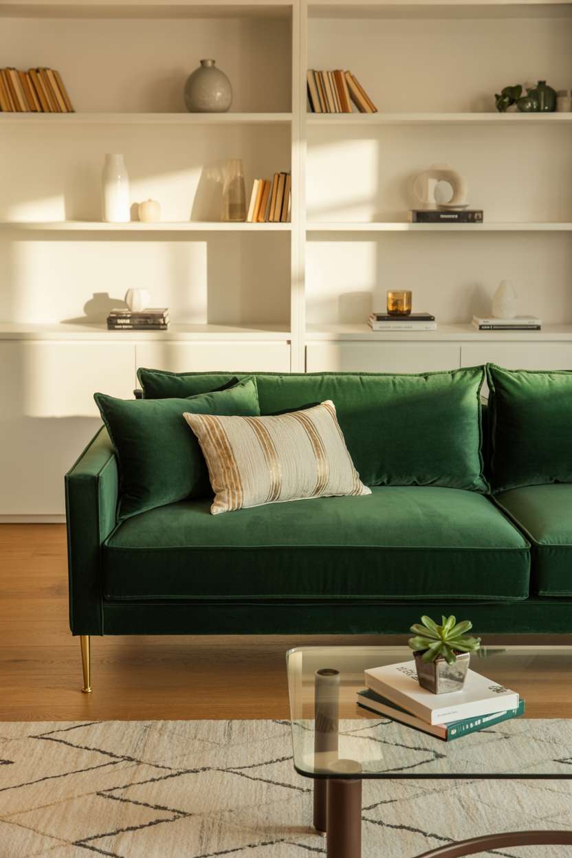 Forest green velvet sofa with built-in white shelving units displaying books and plants