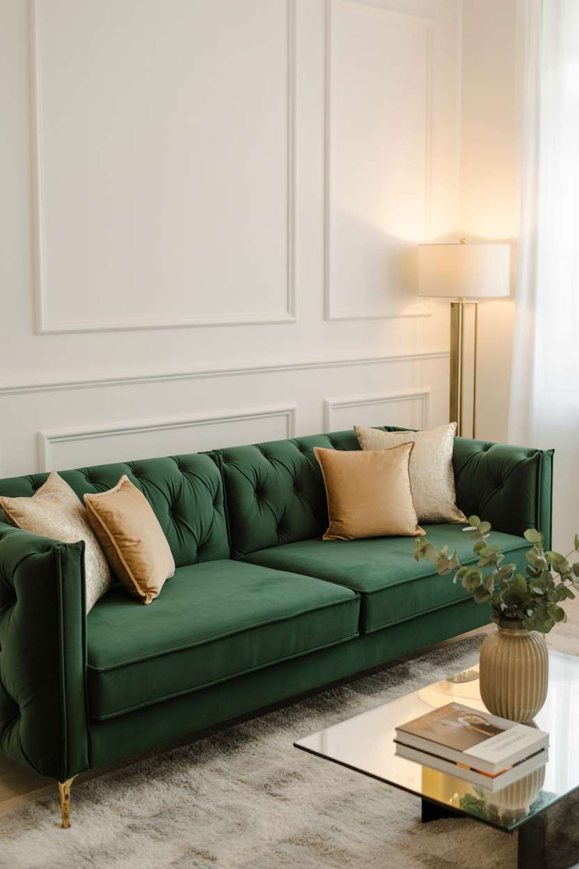 Emerald green velvet tufted sofa against white wall with geometric molding