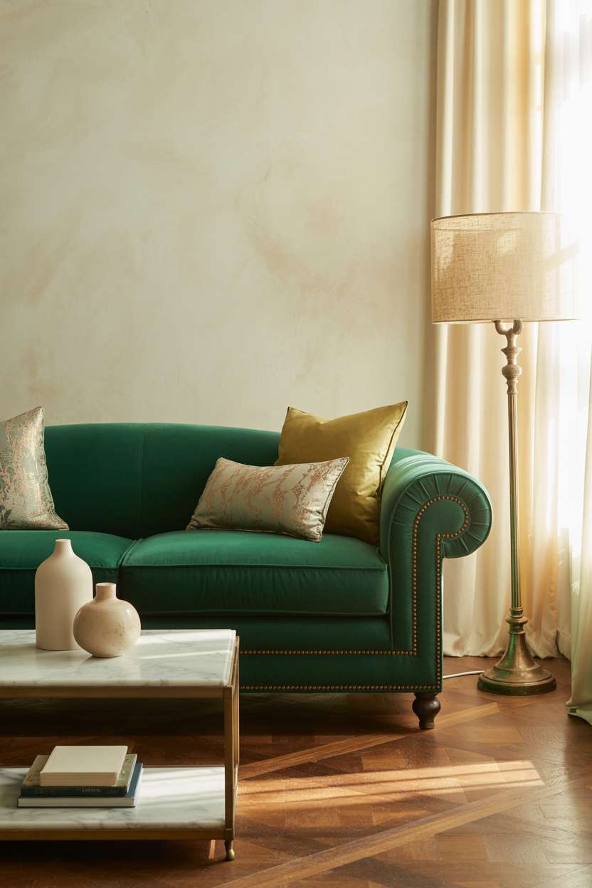 Emerald green velvet sofa with rolled arms and brass nailhead trim