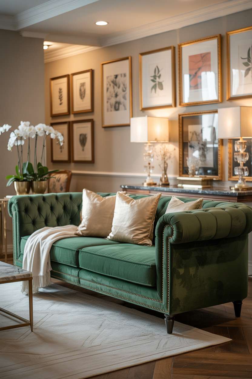 Emerald green velvet button-tufted sofa with gallery wall and marble side table
