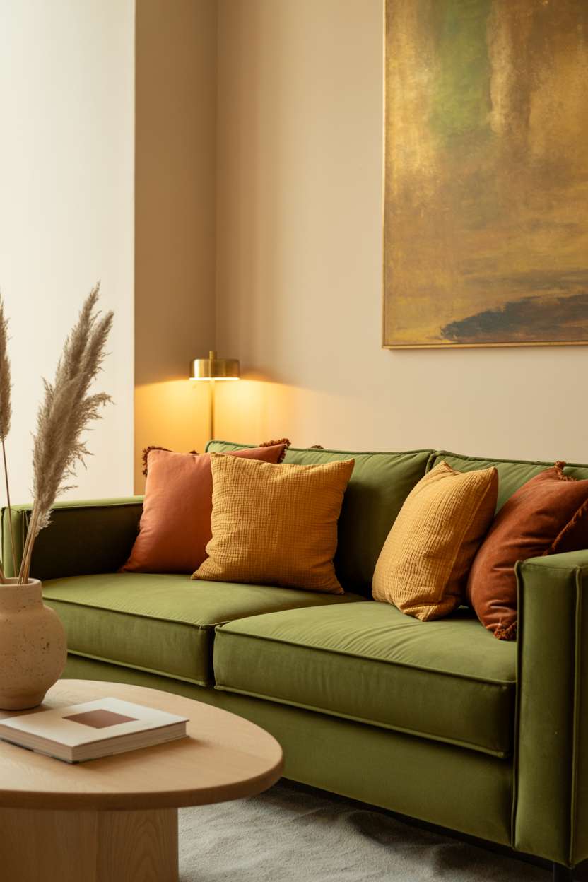Olive green velvet sofa with burnt orange and terracotta pillows under abstract painting
