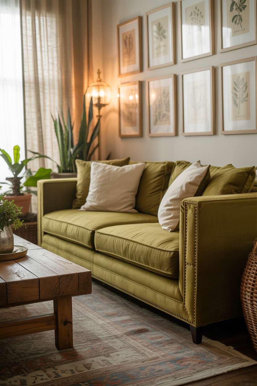 Olive green velvet sofa with cream pillows under collection of framed botanical prints