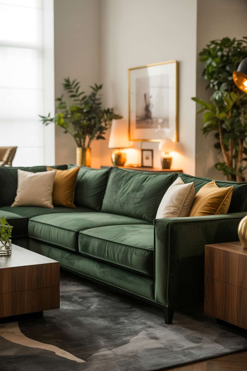 Dark forest green velvet sectional with brass lamps on charcoal geometric rug