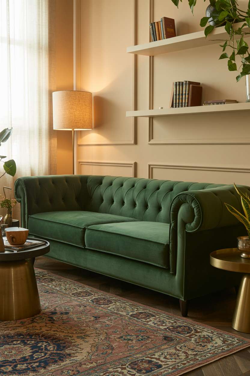 Dark forest green velvet tufted sofa on vintage Persian rug in muted jewel tones