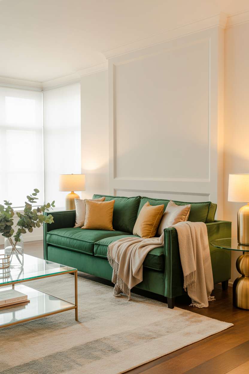 Emerald green velvet sofa with cashmere throw and fresh eucalyptus on glass coffee table