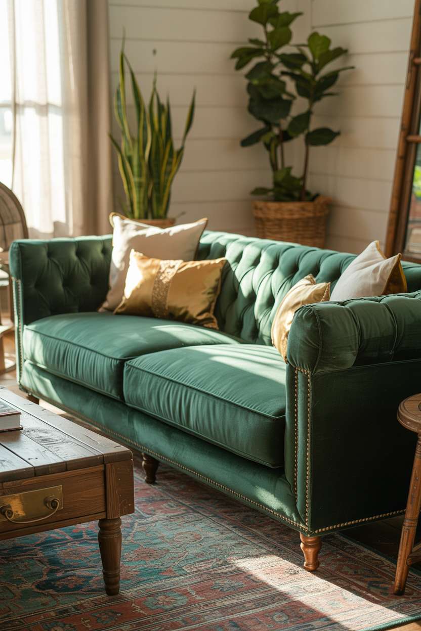 Emerald green velvet button-tufted sofa against white shiplap wall with brass hardware