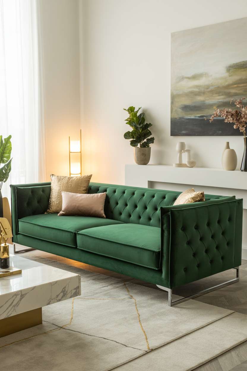 Emerald green velvet button-tufted sofa with chrome legs and marble coffee table