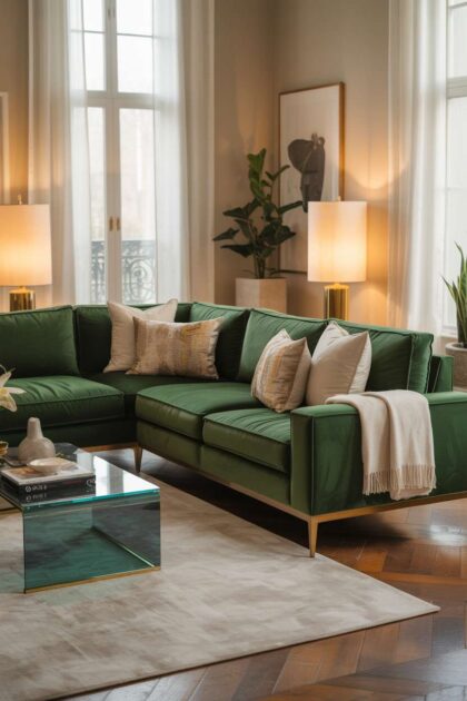 A green couch living room decor