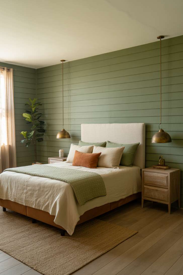 11 Green Guest Bedroom Ideas That Feel Fresh and Welcoming 1 Sage green shiplap guest bedroom with cream boucle headboard, brass pendant lights, and jute rug