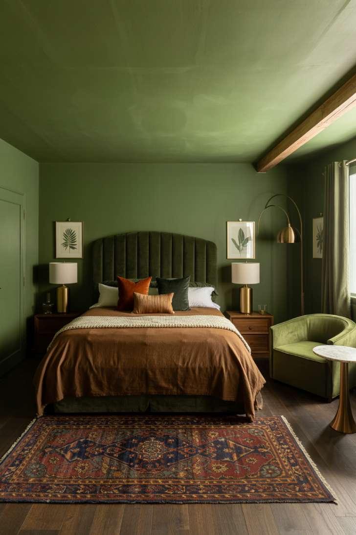 11 Green Guest Bedroom Ideas That Feel Fresh and Welcoming 2 Deep forest green guest bedroom with velvet headboard, Persian rug, and antique brass lamps