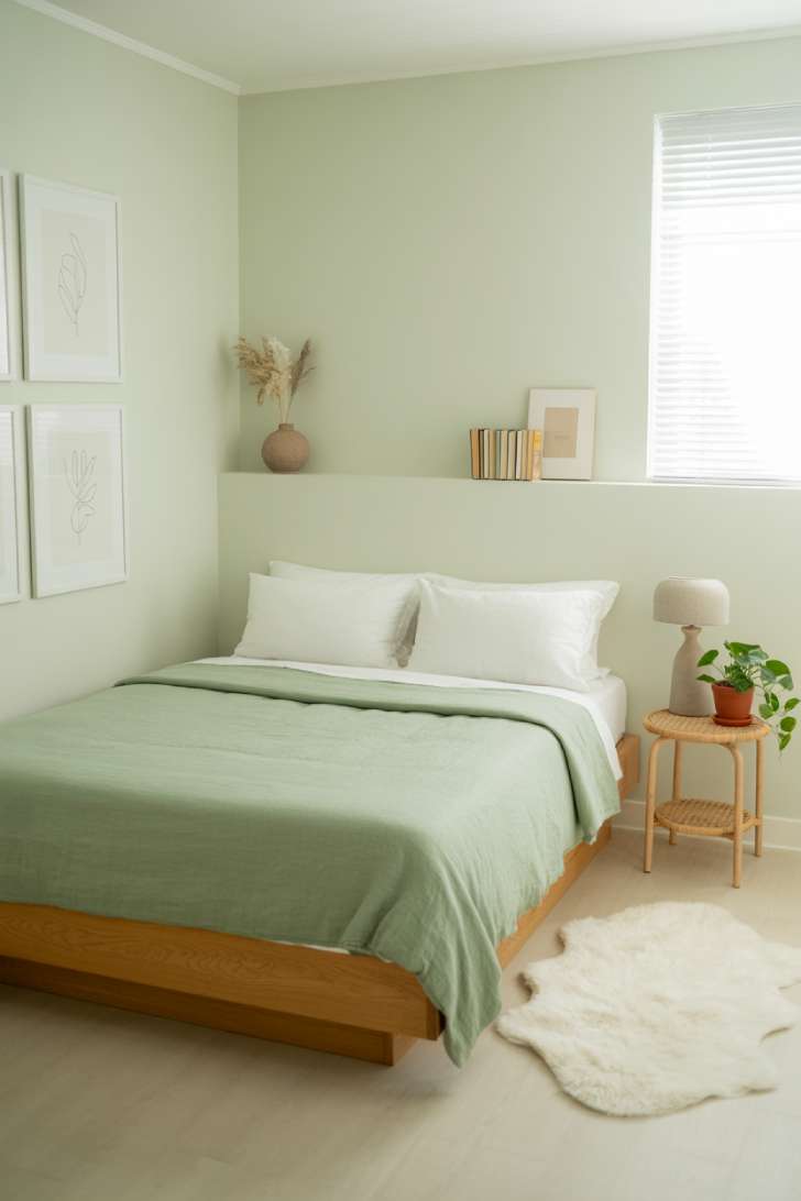 11 Green Guest Bedroom Ideas That Feel Fresh and Welcoming 3 Scandinavian minimalist guest bedroom with soft mint green walls, oak platform bed, and botanical prints