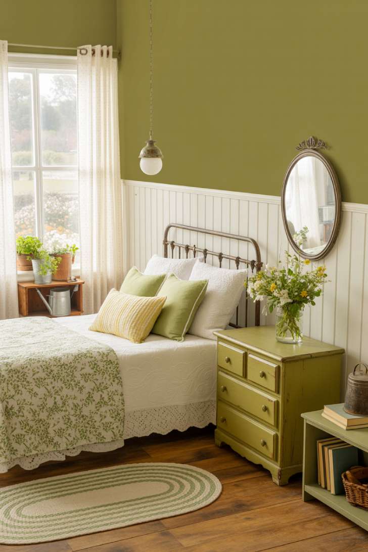 11 Green Guest Bedroom Ideas That Feel Fresh and Welcoming 4 Warm olive green cottage guest bedroom with white wainscoting, floral quilt, and lace curtains