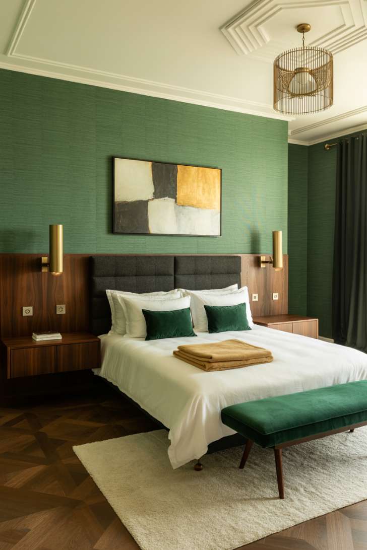 11 Green Guest Bedroom Ideas That Feel Fresh and Welcoming 5 Emerald green grasscloth accent wall bedroom with charcoal linen headboard, gold sconces, and velvet bench