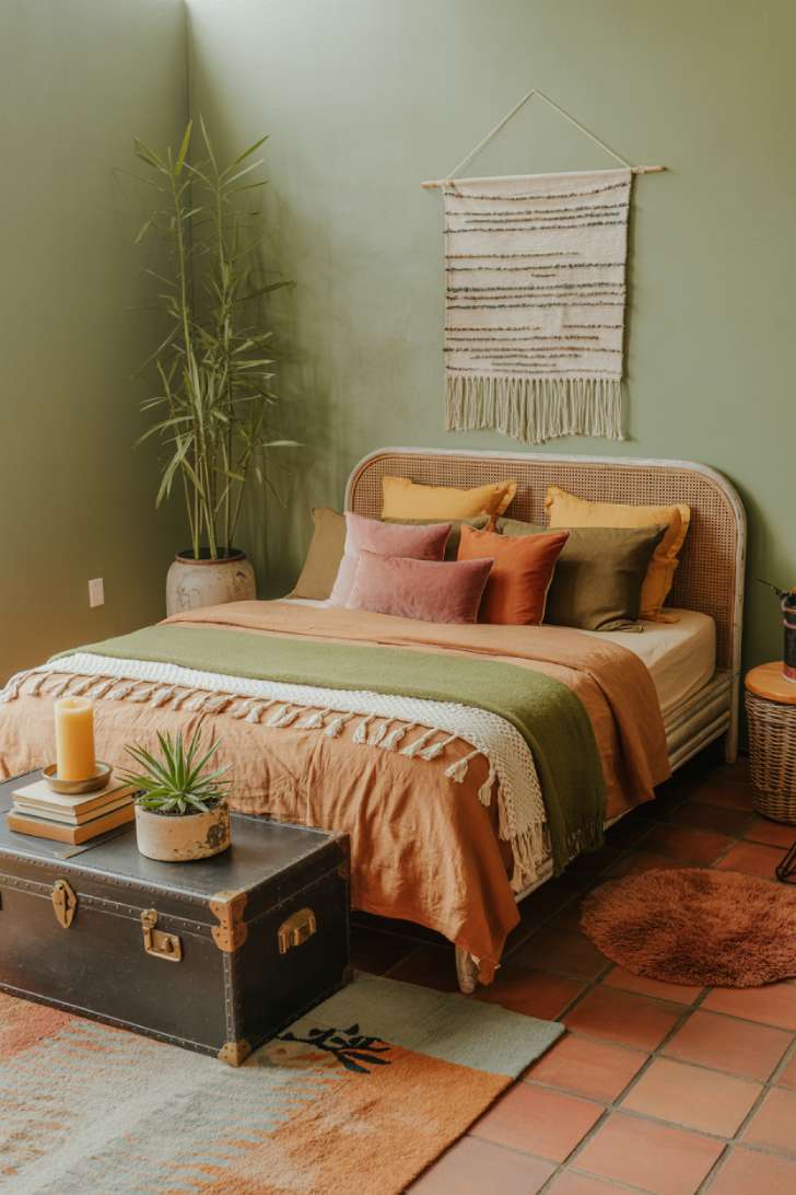 11 Green Guest Bedroom Ideas That Feel Fresh and Welcoming 6 Eucalyptus green boho guest bedroom with rattan bed frame, macramé tapestry, and Moroccan rug