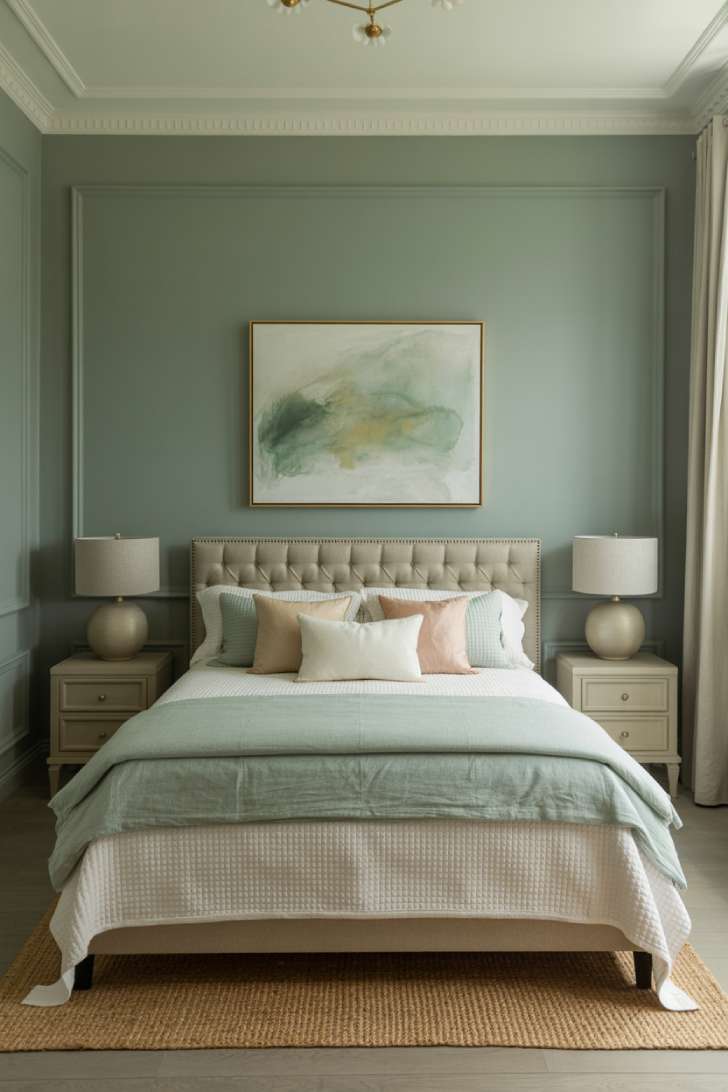11 Green Guest Bedroom Ideas That Feel Fresh and Welcoming 7 Celadon green transitional guest bedroom with button-tufted headboard, watercolor art, and brass chandelier