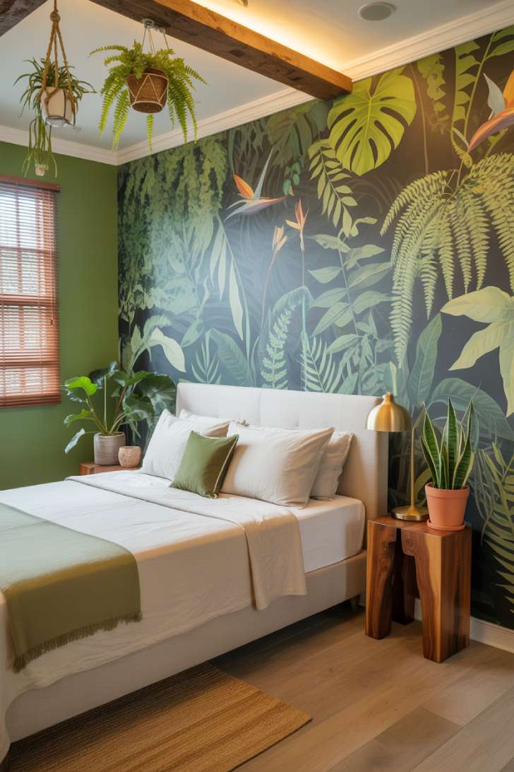 11 Green Guest Bedroom Ideas That Feel Fresh and Welcoming 8 Biophilic green guest bedroom with tropical leaf mural wallpaper, hanging plants, and live-edge nightstand