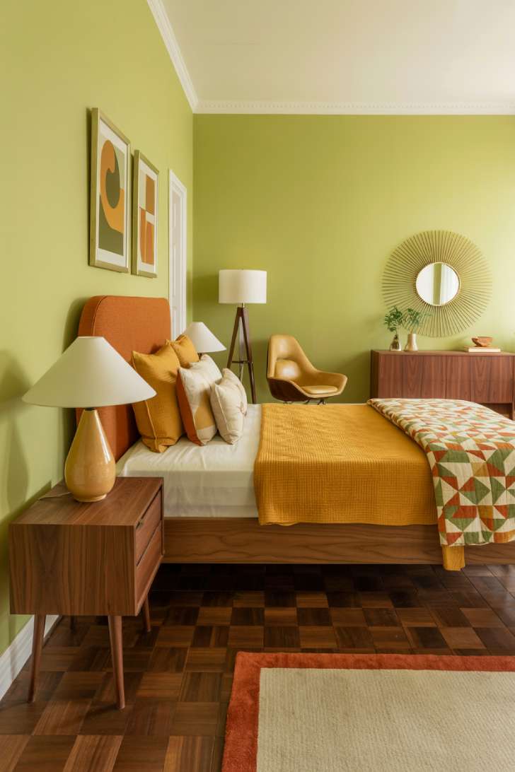 11 Green Guest Bedroom Ideas That Feel Fresh and Welcoming 9 Mid-century modern guest bedroom with avocado green walls, burnt orange boucle headboard, and sunburst mirror