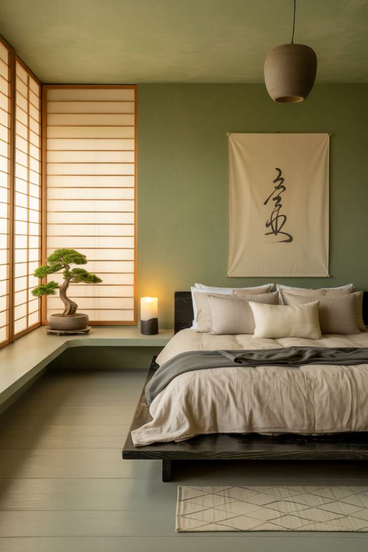 11 Green Guest Bedroom Ideas That Feel Fresh and Welcoming 10 Japandi minimalist guest bedroom with moss green walls, blackened oak platform bed, and shoji panel window screens