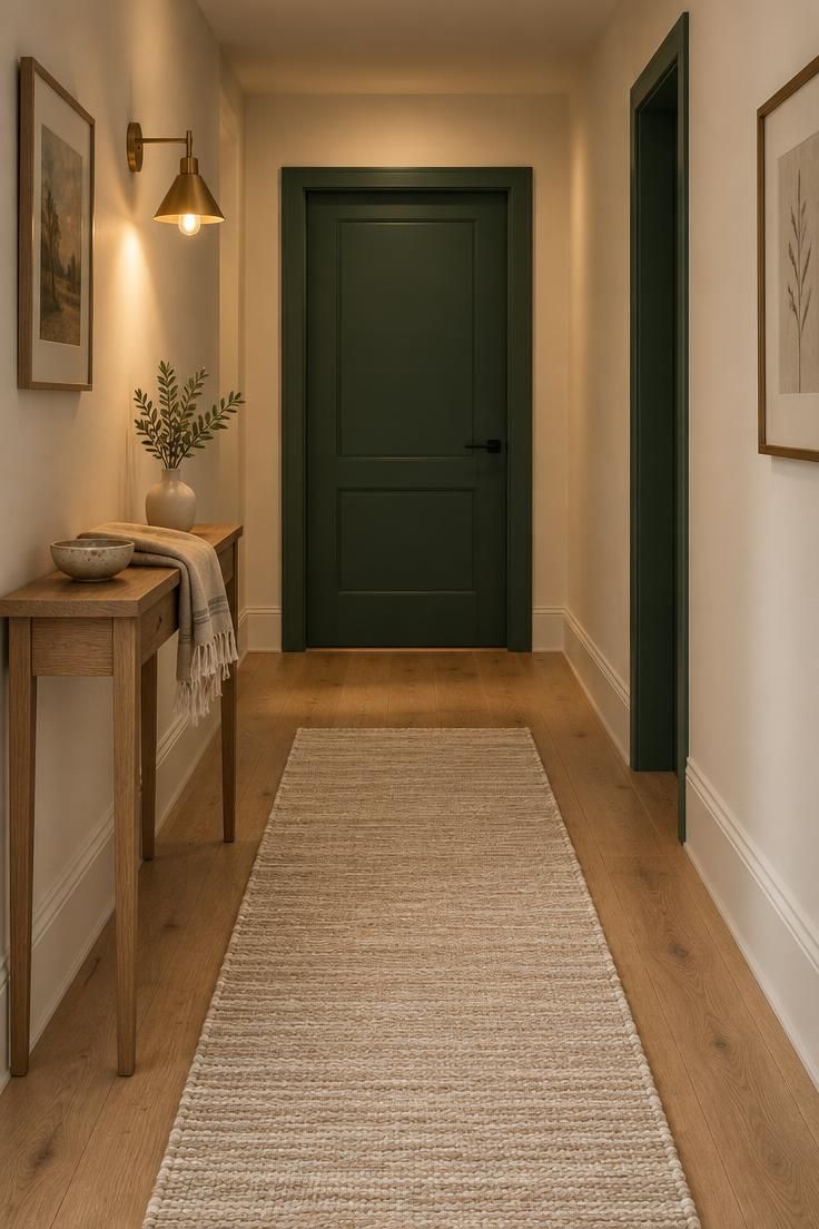 A hallway with off-white walls and an oak floor ending at a closed deep forest green door with a black handle, a slim oak console and a brass sconce along the left wall.