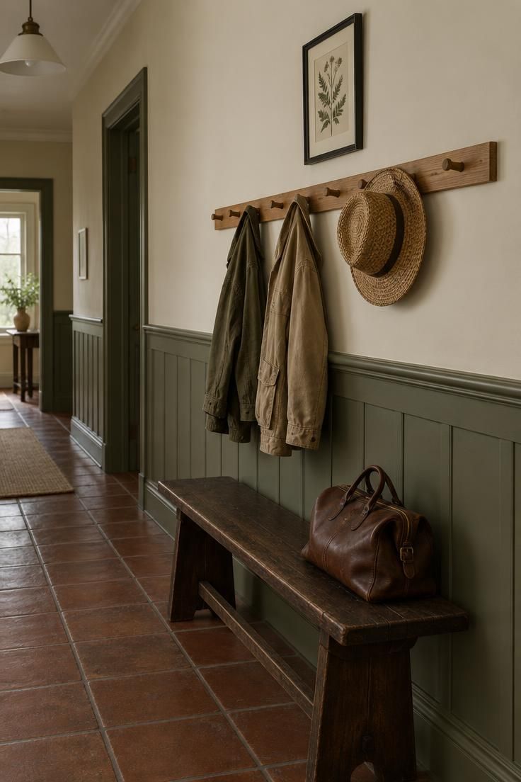A hallway with cream upper walls and olive green wainscoting, a wooden peg rail holding coats, a dark wood bench below, and terracotta floor tiles.