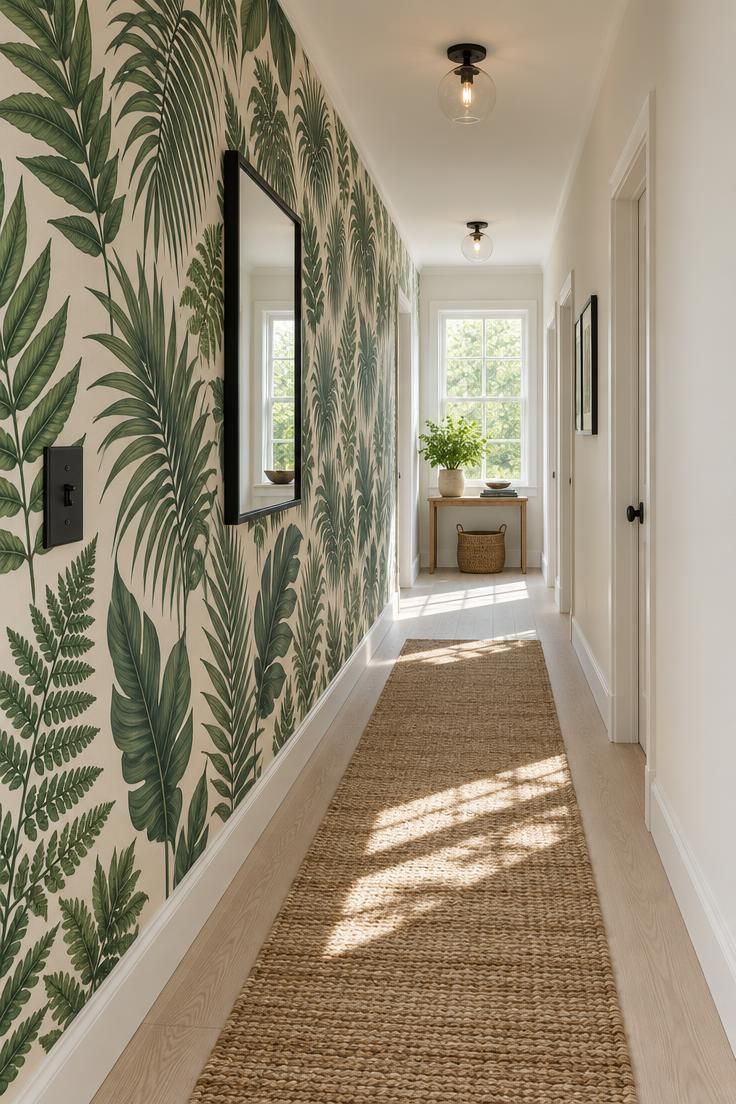 A long hallway with large-scale botanical green wallpaper on one wall, a pale wood floor with a jute runner, and a single black-framed mirror.
