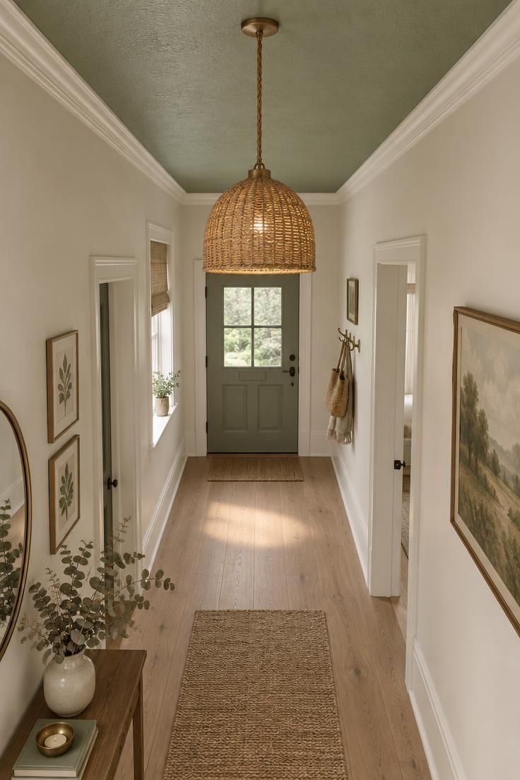 A tall hallway with a sage green ceiling, warm white walls, white crown molding, and a woven rattan pendant light in the center.