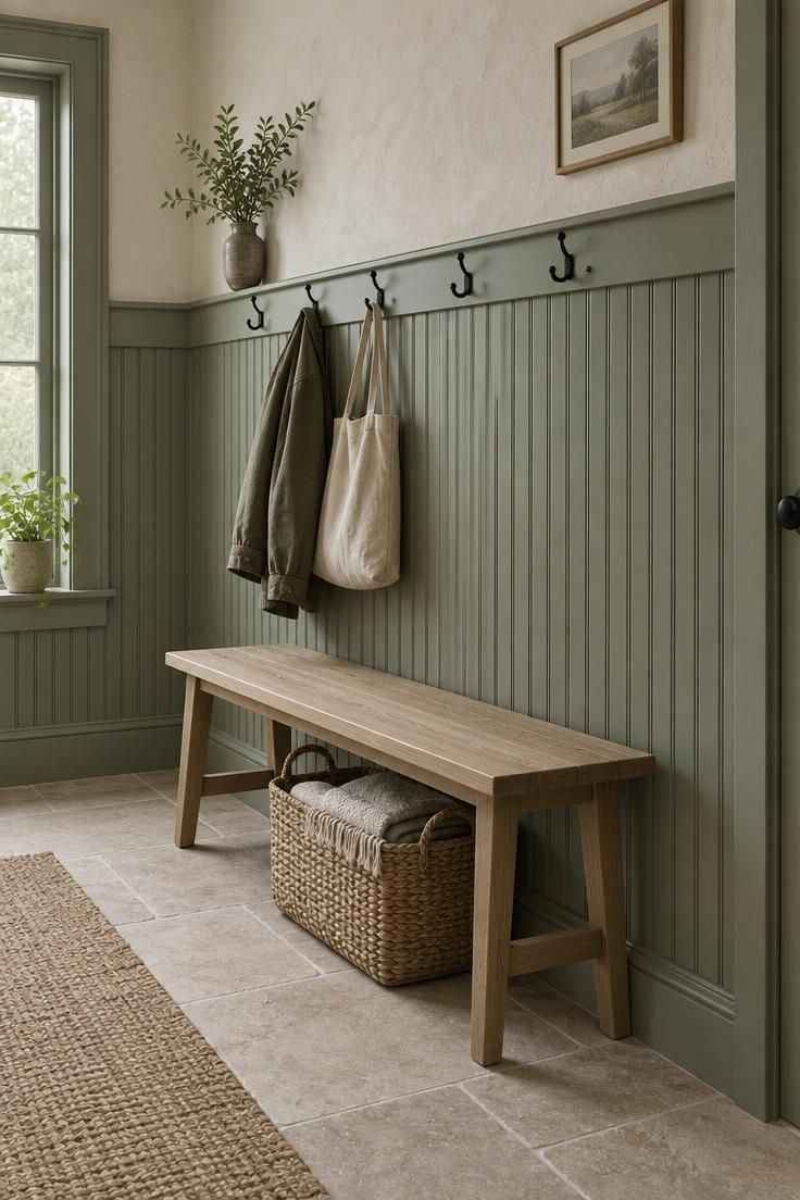 A hallway with sage green beadboard on the lower wall, warm white plaster above, a light wood bench, and a woven basket underneath.