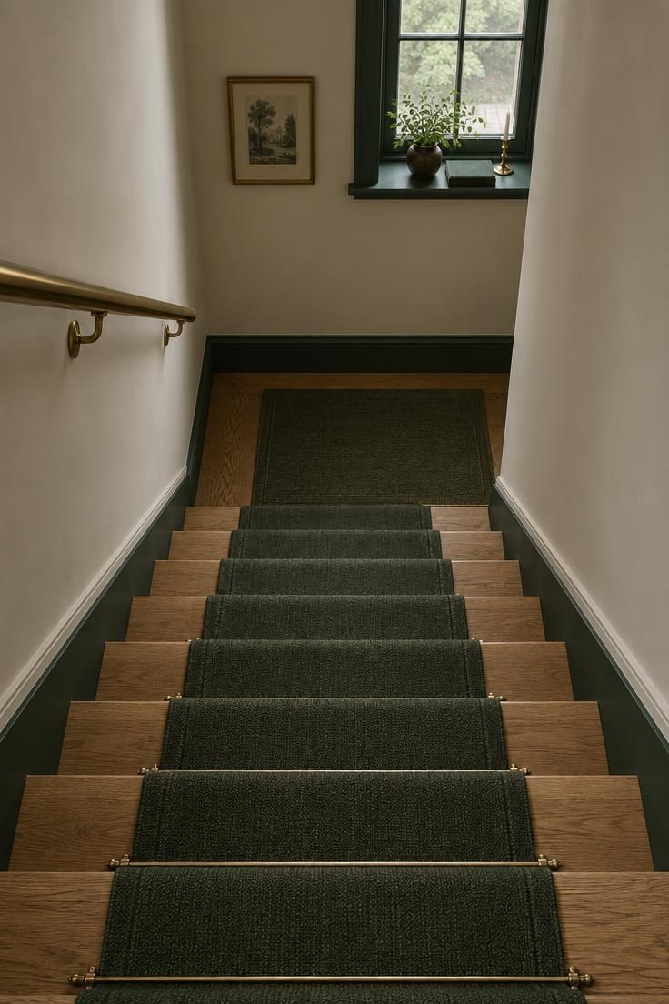 A staircase with natural oak treads, bottle green painted risers, pale white walls, a thin green runner, and a brass handrail.