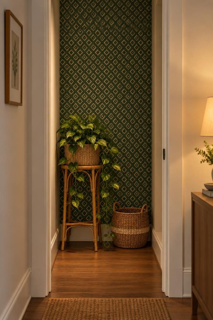 A narrow alcove at the end of a neutral hallway with green geometric peel-and-stick wallpaper, a rattan plant stand, and a trailing plant.