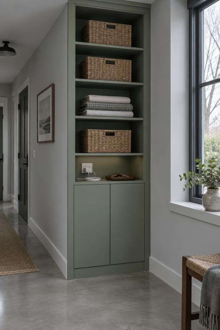 A hallway corner with a floor-to-ceiling muted green built-in storage column, open shelves with baskets, a closed lower cabinet, and a small charging nook.