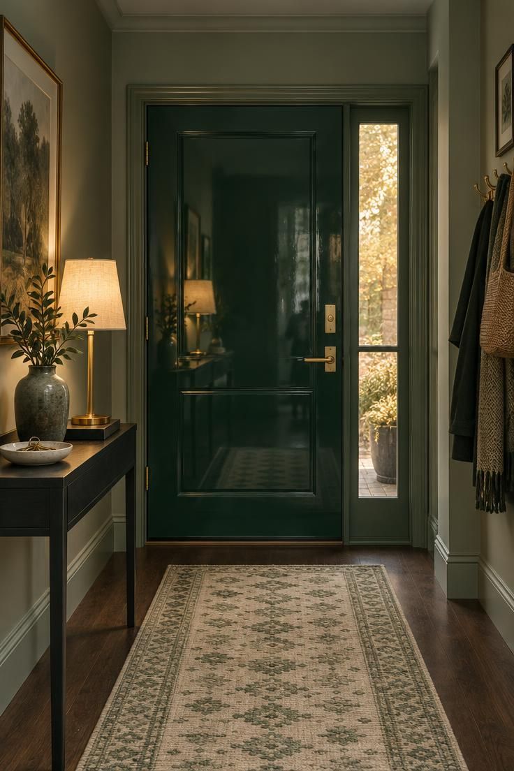 A muted sage hallway with a high-gloss emerald green front door, brass lever handle, and a small matte black console table.
