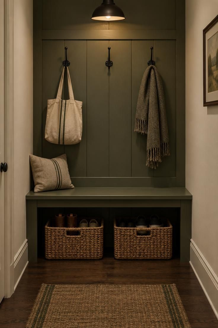 A short hallway wall with a moss green built-in bench, three black hooks above, and two woven baskets underneath on a dark wood floor.