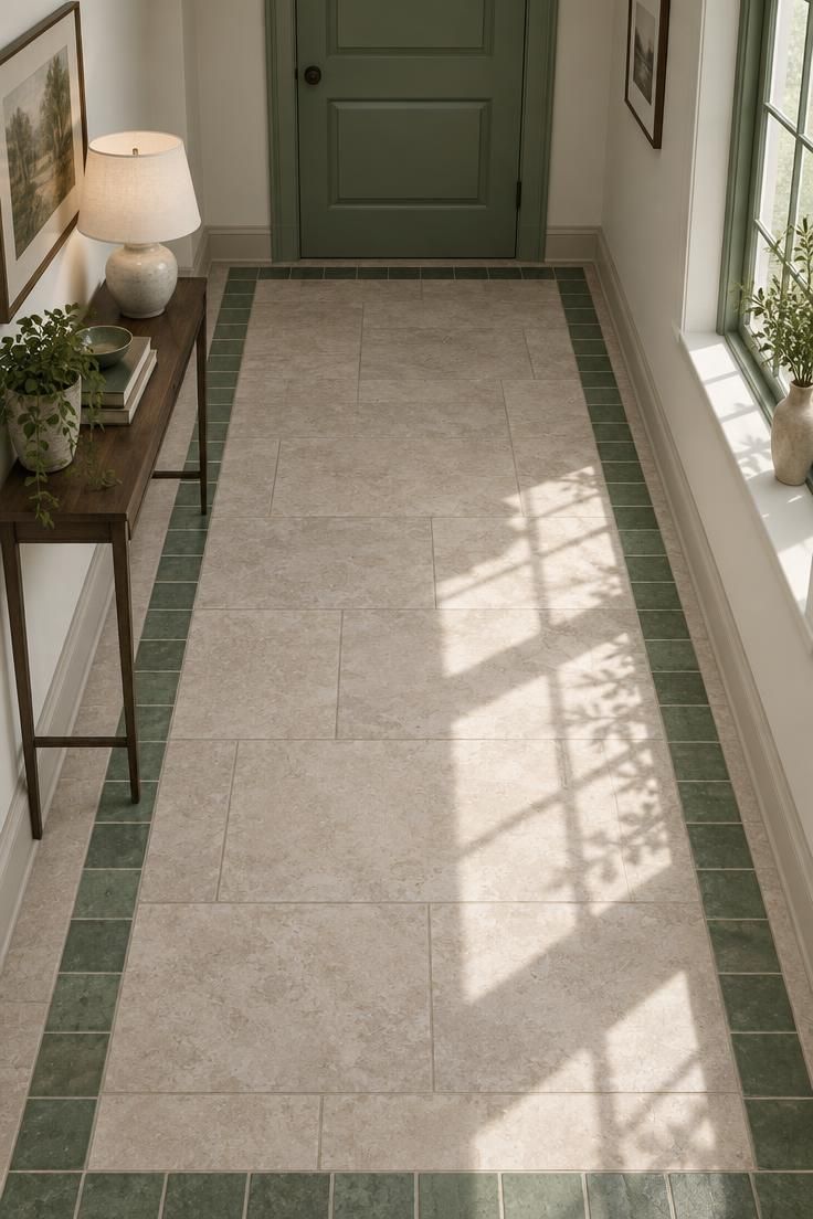 A hallway with neutral stone tile, a green ceramic tile border around the floor edges, and a far door painted the same green.