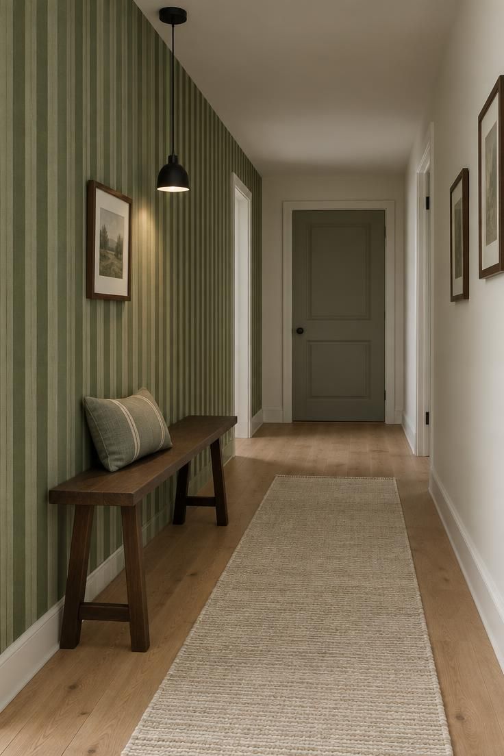 A low-ceiling hallway with vertically striped green wallpaper on one wall, a slim dark wood bench, and a small black pendant light.