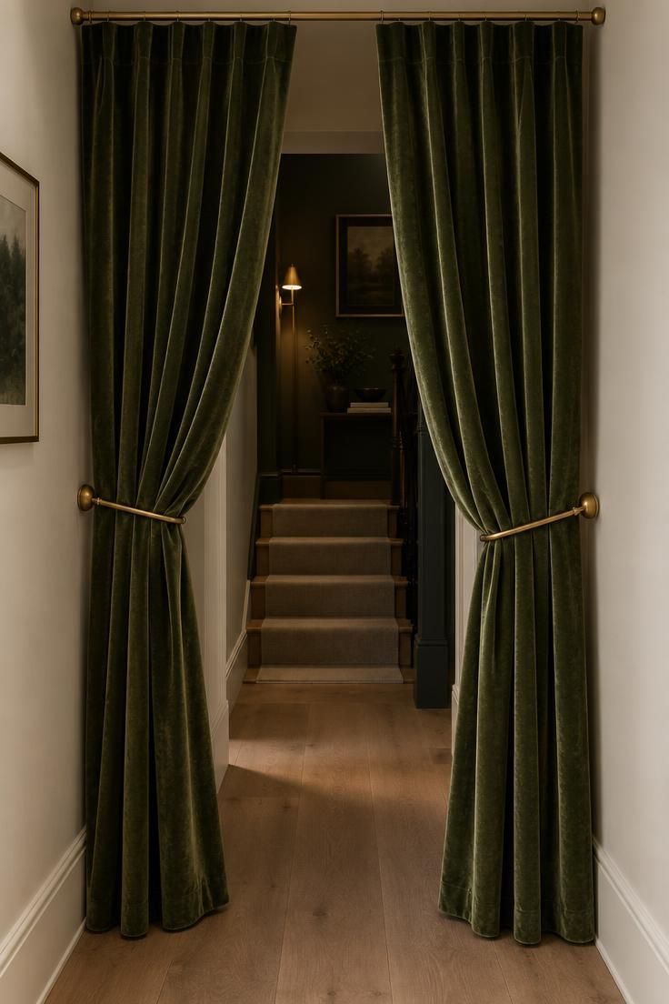 A hallway ending at partially open moss green velvet curtains on a brass ceiling rail, with a light wood floor and staircase visible through the opening.