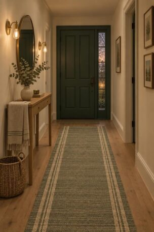 A cozy entry hallway with a deep forest green door at the end, an oak console with a brass mirror, a sage and cream runner, and two glowing brass sconces.