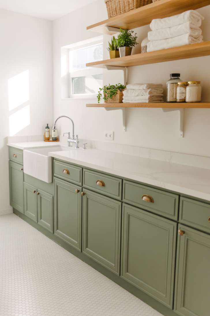 13 Brilliant Green Laundry Room Ideas for a Stylish Space 1 Sage green laundry room cabinets with white countertops and brass hardware