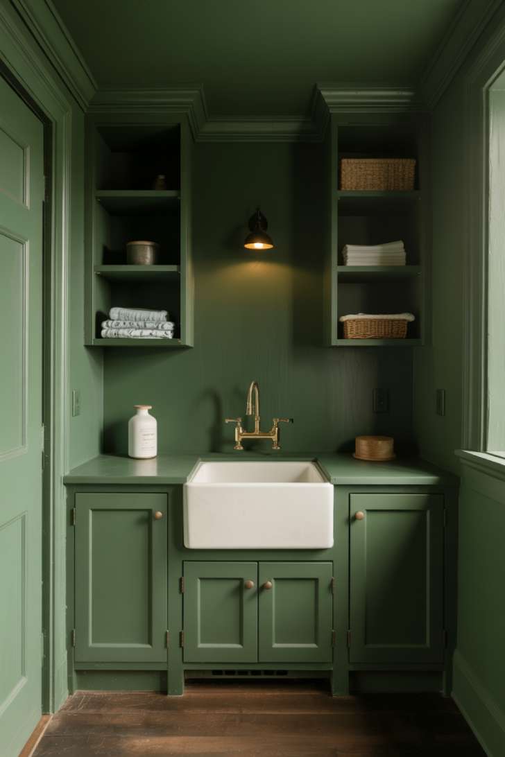13 Brilliant Green Laundry Room Ideas for a Stylish Space 10 Color-drenched dark green laundry room with brass hardware, white sink, and antique brass wall sconce