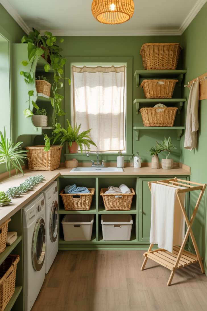 13 Brilliant Green Laundry Room Ideas for a Stylish Space 13 Sage green laundry room with indoor plants, wicker baskets, white cabinets, and rattan pendant light