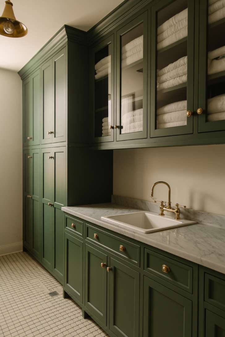 13 Brilliant Green Laundry Room Ideas for a Stylish Space 2 Hunter green laundry room with brass hardware and black and white tile floor